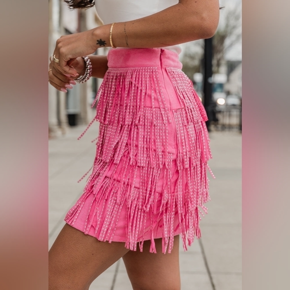 Born To Fly Pink Studded Fringe Skirt - Picture 4 of 11